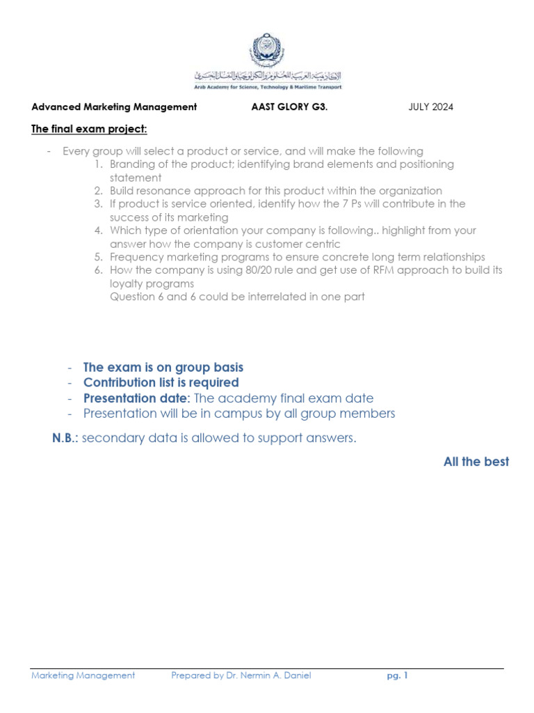 Advanced Marketing Management Project Guide | PDF