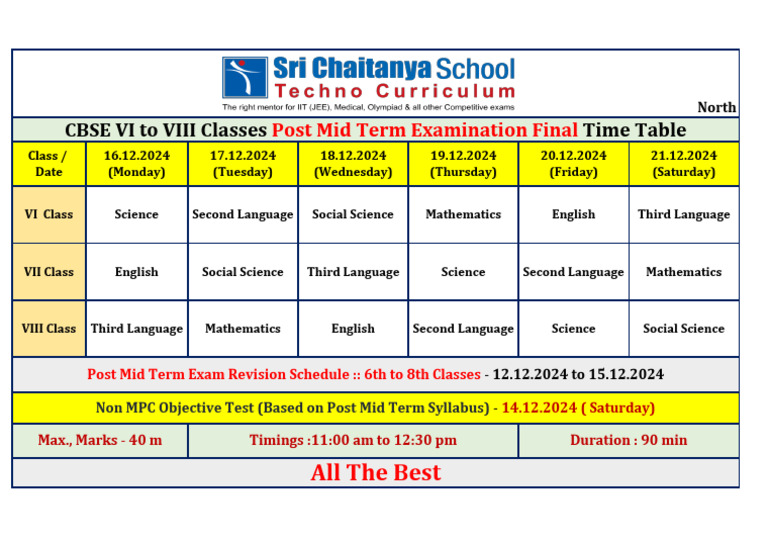 CBSE VI To VIII Classes Post Mid Term Examination Final Time Table ...