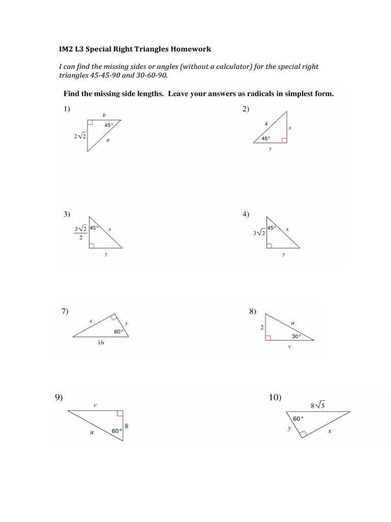 Special Right Triangles Homework | PDF