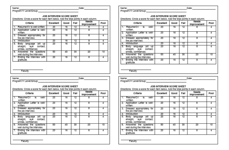 Job Interview Score Sheet | PDF | Job Interview | Résumé