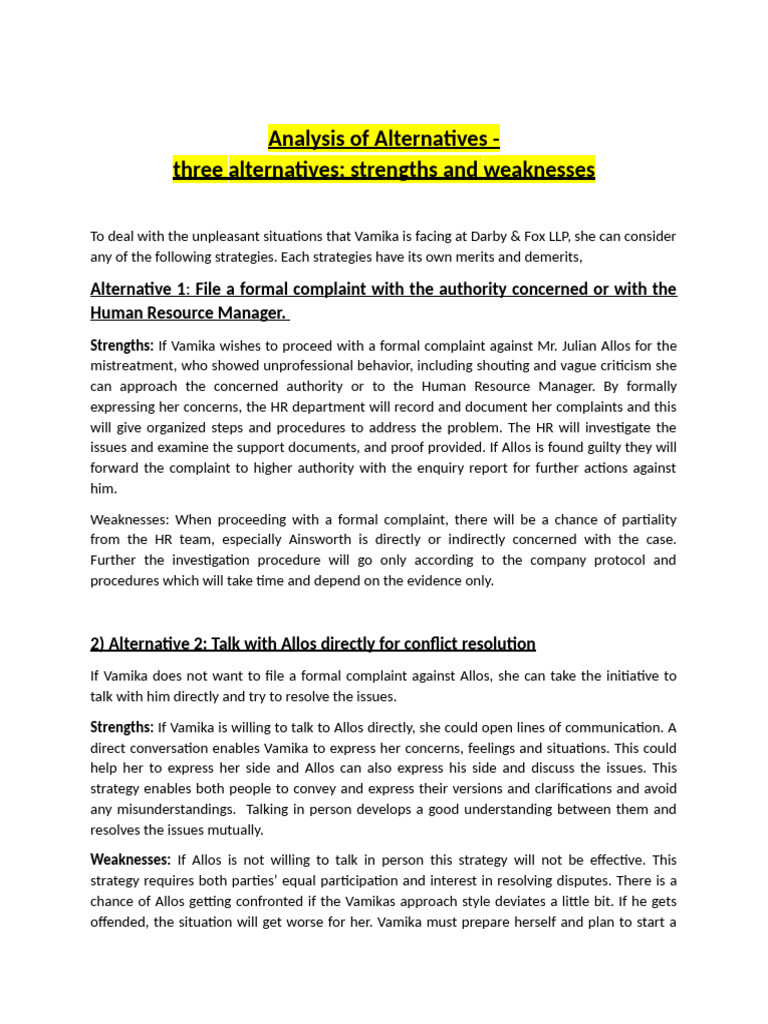 Vamikas Case study - Alternative analysis | PDF | Mediation | Conversation