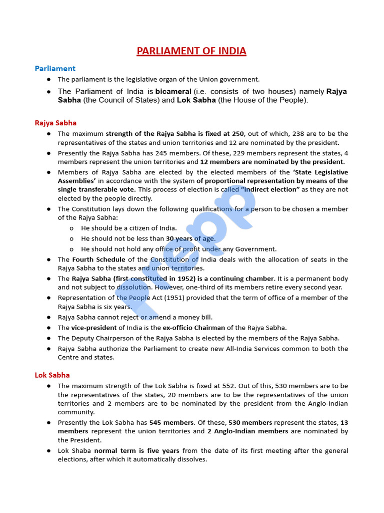Overview of India's Parliament Structure | PDF | Government Of India ...