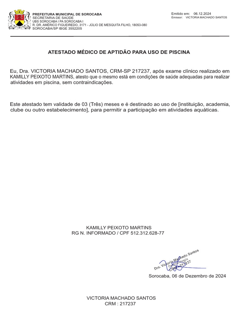 Atestado Médico para Uso de Piscina | PDF
