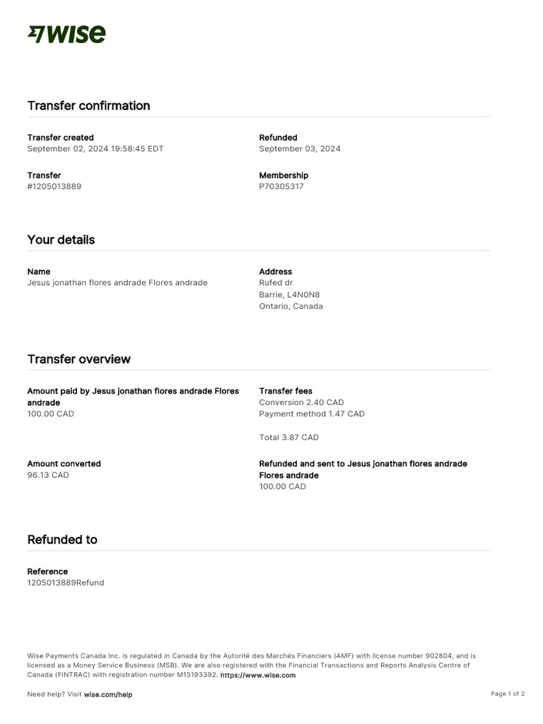 Wise Transaction Invoice Transfer 1205013889 3829273149 Es | PDF ...