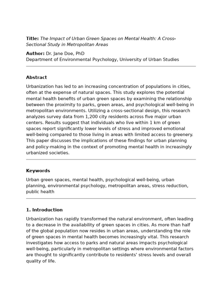 The Impact of Urban Green Spaces On Mental Health | PDF | Mental Health ...