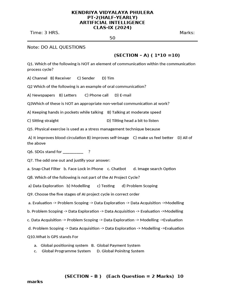 AI Half-Yearly Exam for Class IX | PDF | Artificial Intelligence ...