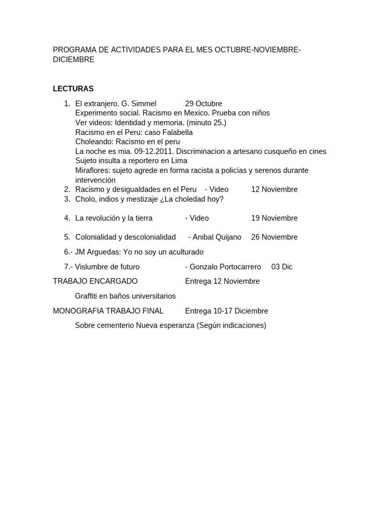 Programa de Actividades para El Mes Octubre-Nov-Dic | PDF