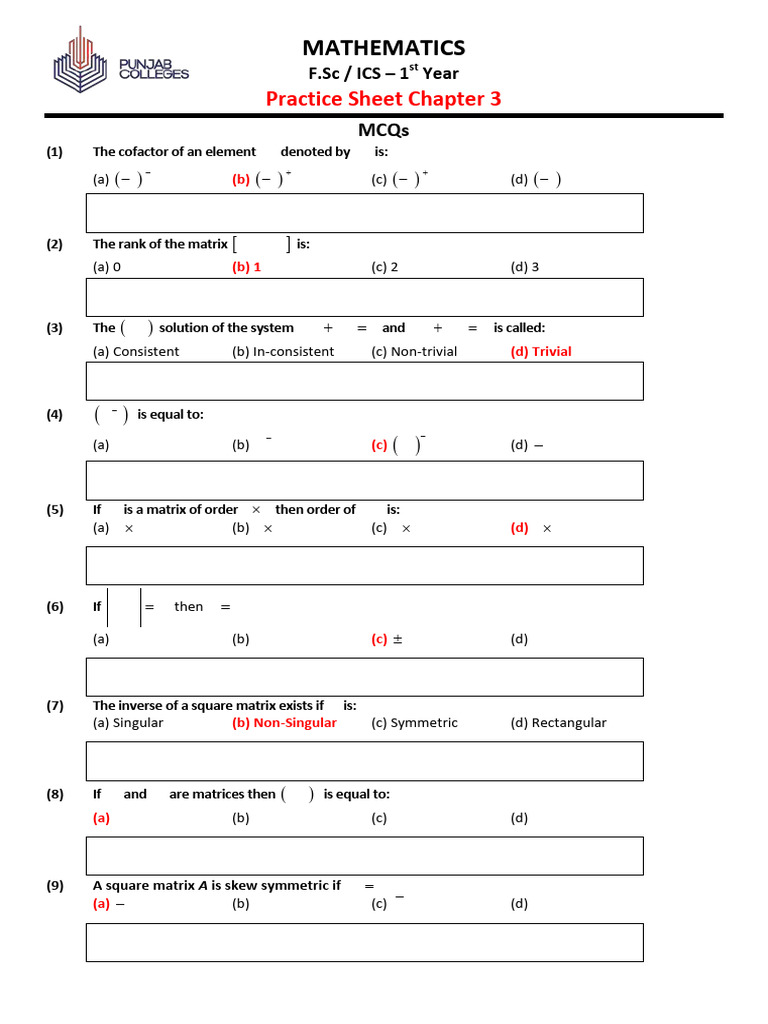 Math Practice Sheet P-1-Ch.3 | PDF | Matrix (Mathematics) | System Of ...