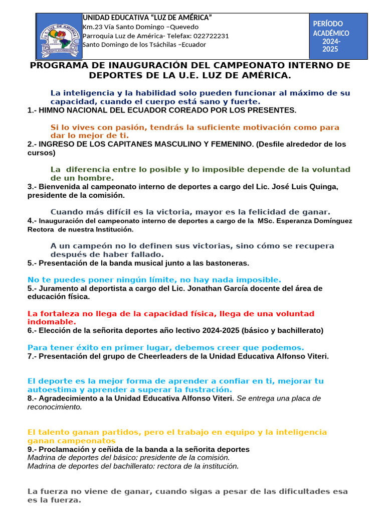 PROGRAMA DE INAUGURACION OLIMPIADAS 2024 2025 PDF