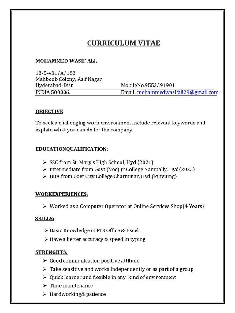 Mohammed Wasif Ali's CV | PDF