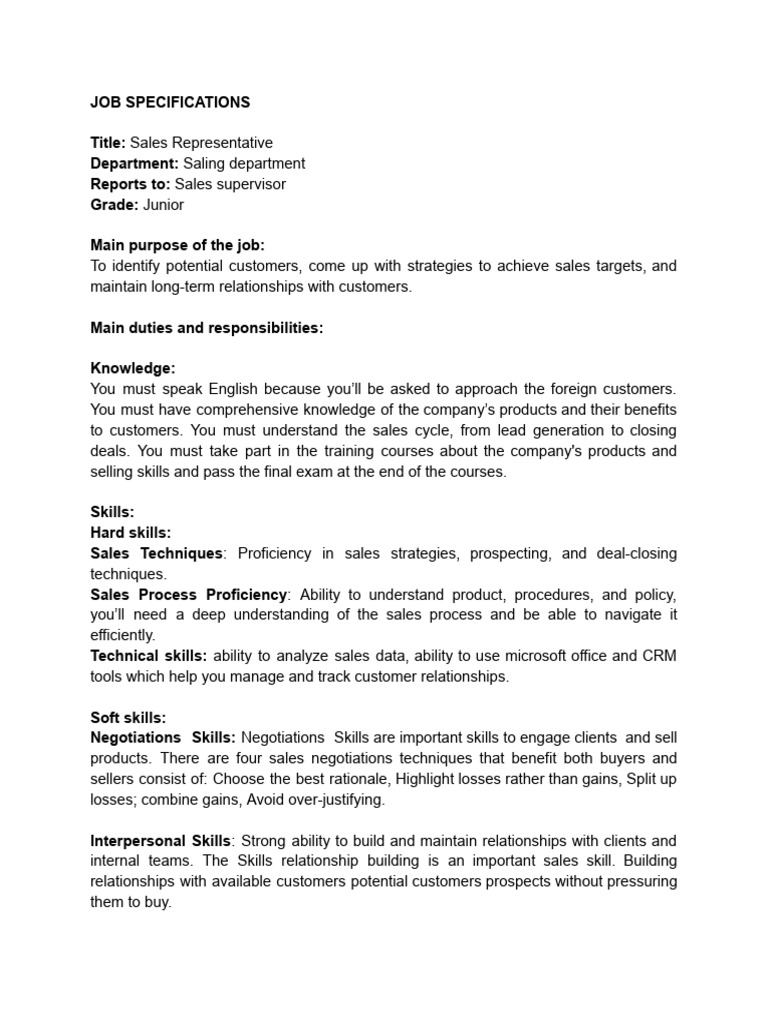 Sales Representative Job Specifications | PDF | Sales | Negotiation