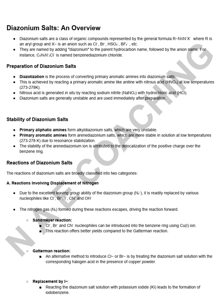 Overview of Diazonium Salts and Their Uses | PDF | Chemical Compounds ...
