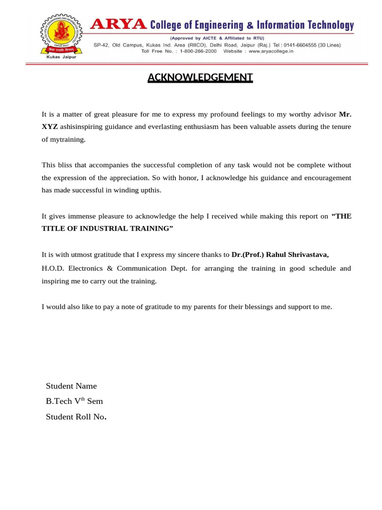Acknowledgement for Industrial Training | PDF