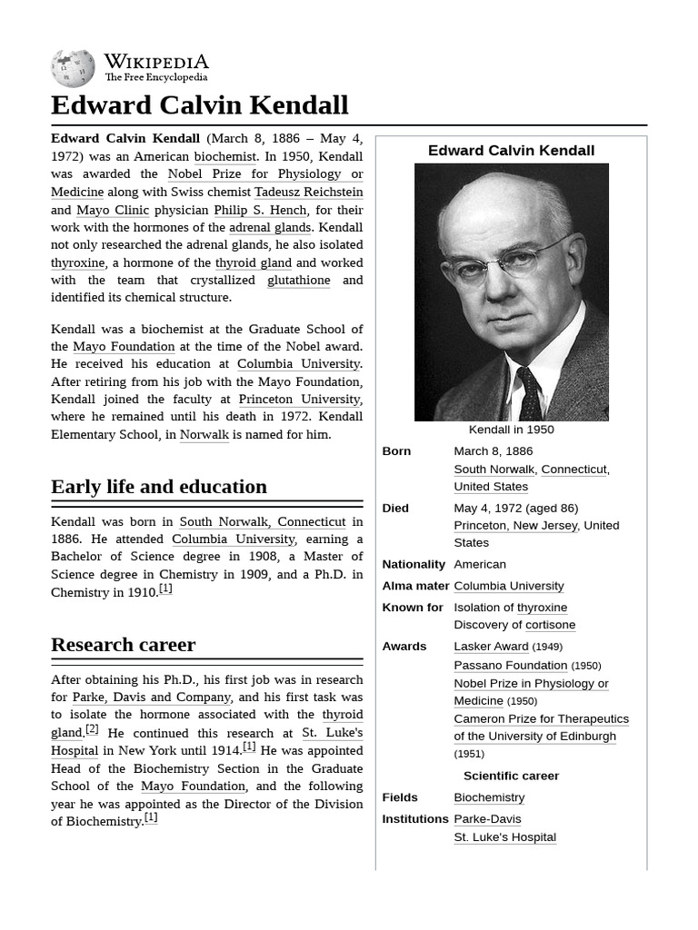 Edward Calvin Kendall: Nobel Biochemist | PDF | Endocrine System