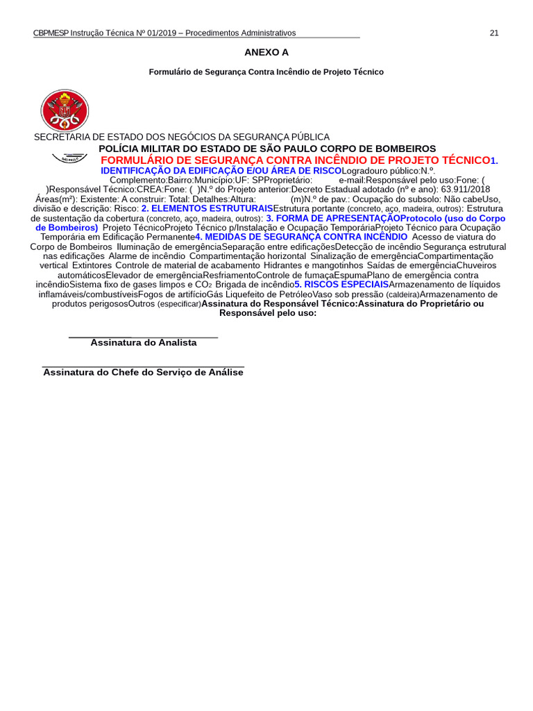 Formulário de Segurança Contra Incêndio | PDF