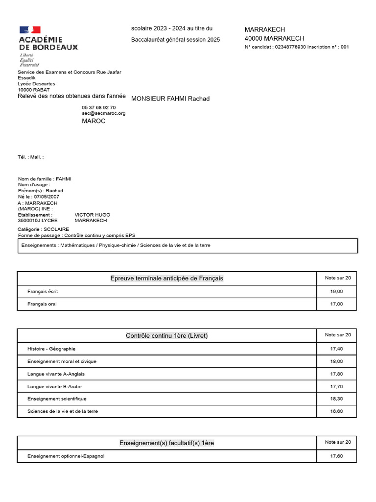 Relevé de notes Baccalauréat 2024 | PDF