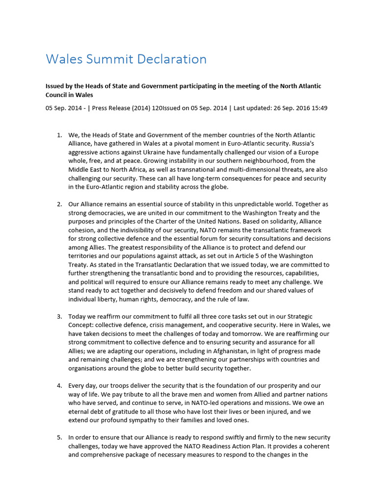 2014 Wales Summit Declaration | PDF | Nato | Missile Defense