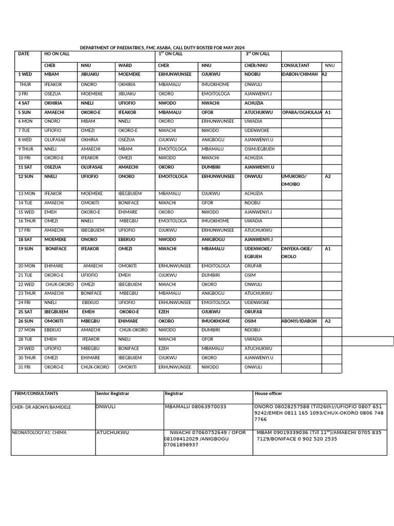 Pediatric Duty Roster May 2024 | PDF