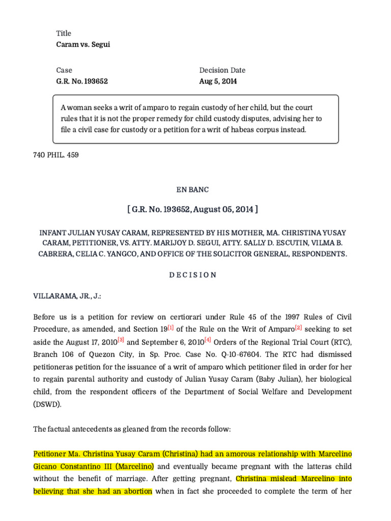 Writ of Amparo in Child Custody Case | PDF | Habeas Corpus | Separation ...