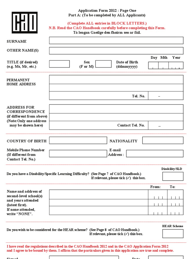 CAO Application Form 20112012 Test (Assessment) Educational