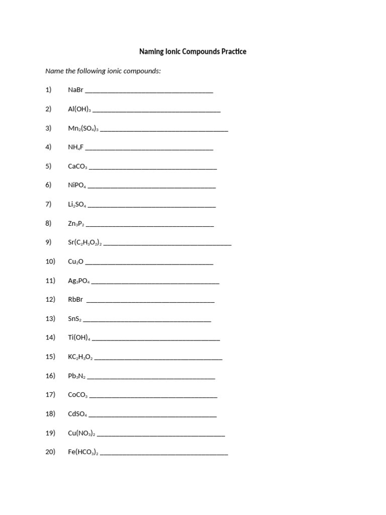 Ionic Compounds Naming Practice Worksheet | PDF