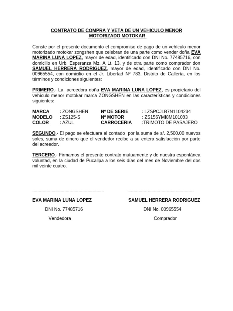 CONTRATO DE COMPRA VENTA DE UN VEHICULO MENOR MOTOKAR Zonsheng | PDF