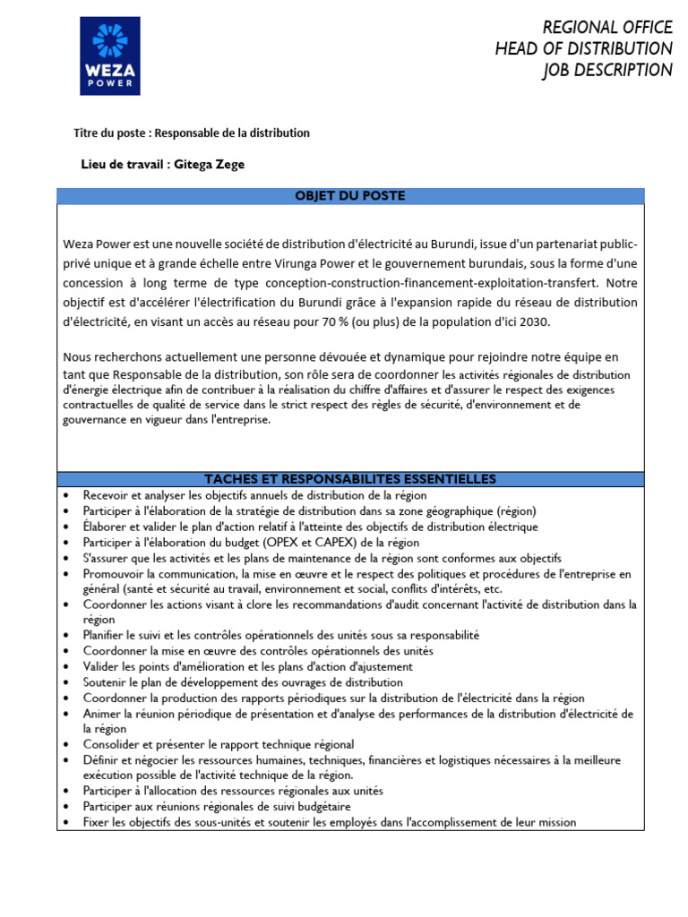 Responsable Distribution Weza Power Burundi | PDF | Connaissances | Audit