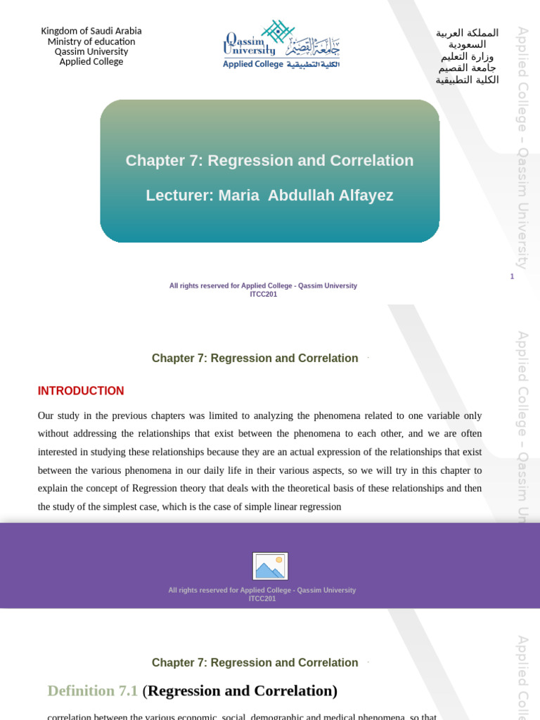 Chapter 7: Regression and Correlation Lecturer: Maria Abdullah Alfayez ...