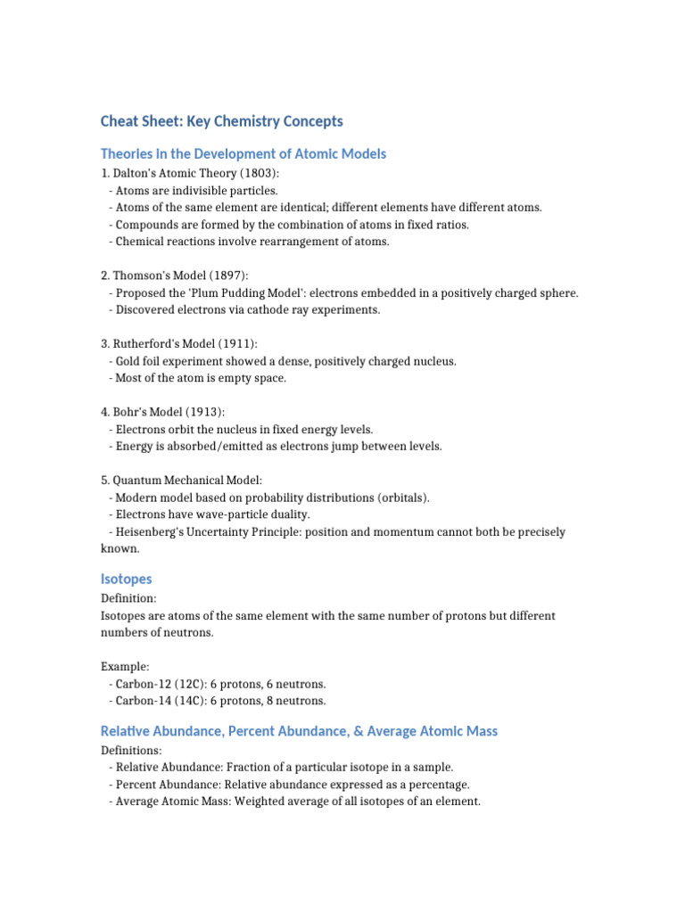 Chemistry cheat sheet | PDF | Ion | Atoms