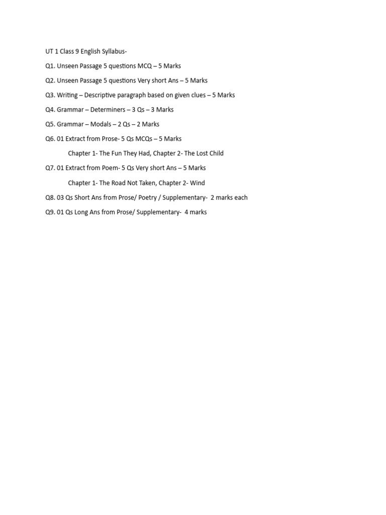 Class 9 English UT 1 Syllabus | PDF