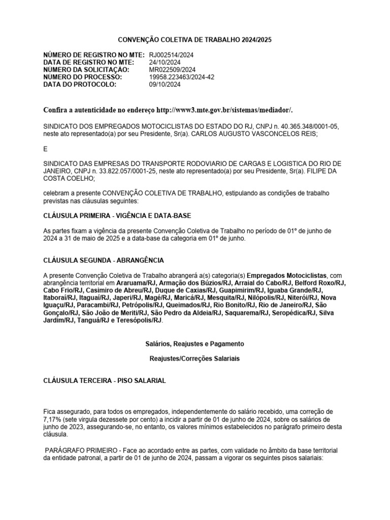 Convenção Coletiva Motociclistas RJ 2024/2025 | PDF | Sindicato | Salário
