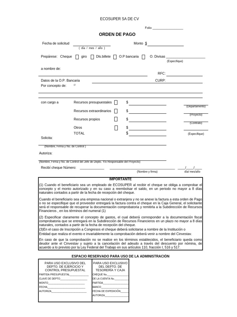 Proceso de Orden de Pago ECOSUPER | PDF | Cheque