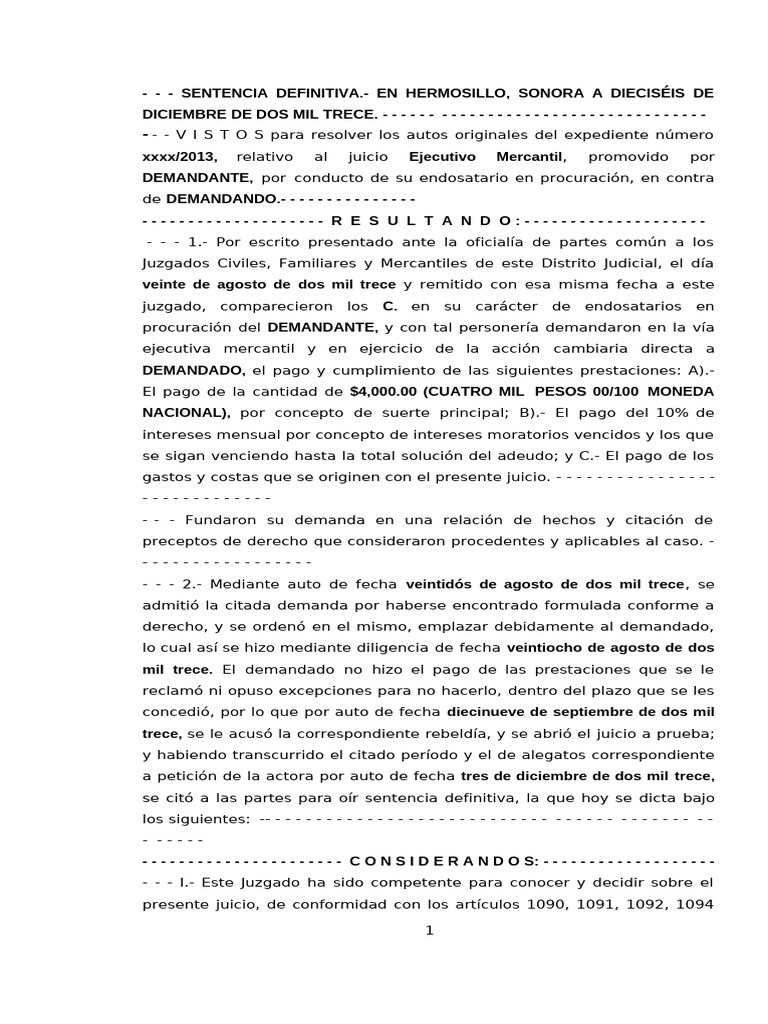 Sentencia Ejecutiva Mercantil en Hermosillo | PDF | Instrumento