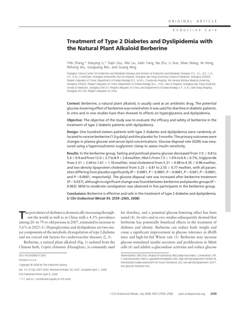 Treatment of Type 2 Diabetes and Dyslipidemia With Berberine | PDF ...