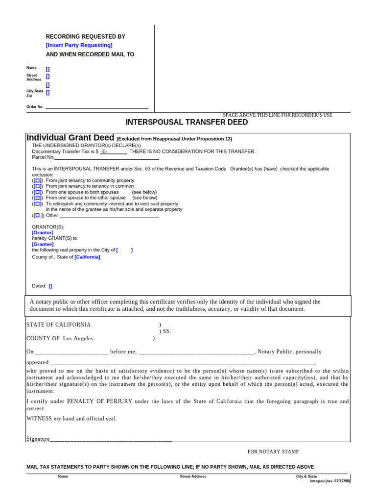 Interspousal Transfer Deed Form | PDF | Deed | Notary Public