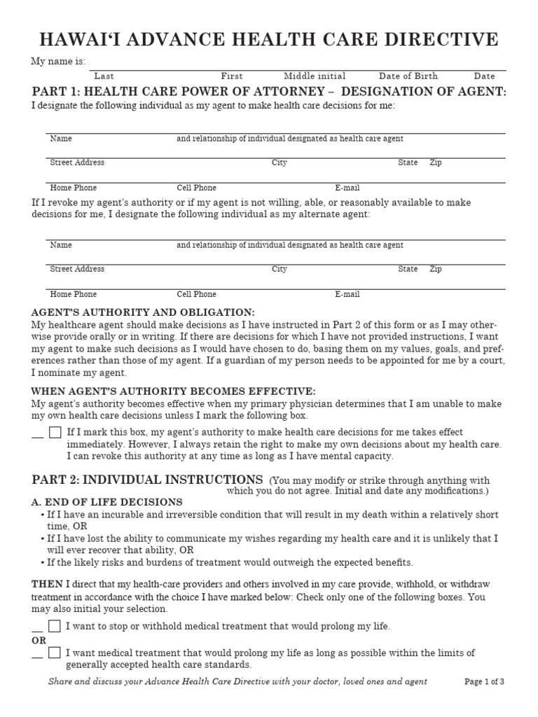 Hawaii Advance Directive | PDF | Power Of Attorney | Health Care
