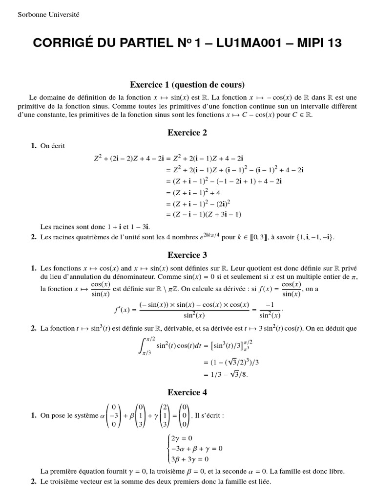 MIPI CC1 Corrige | PDF | Mathématiques | Analyse mathématique