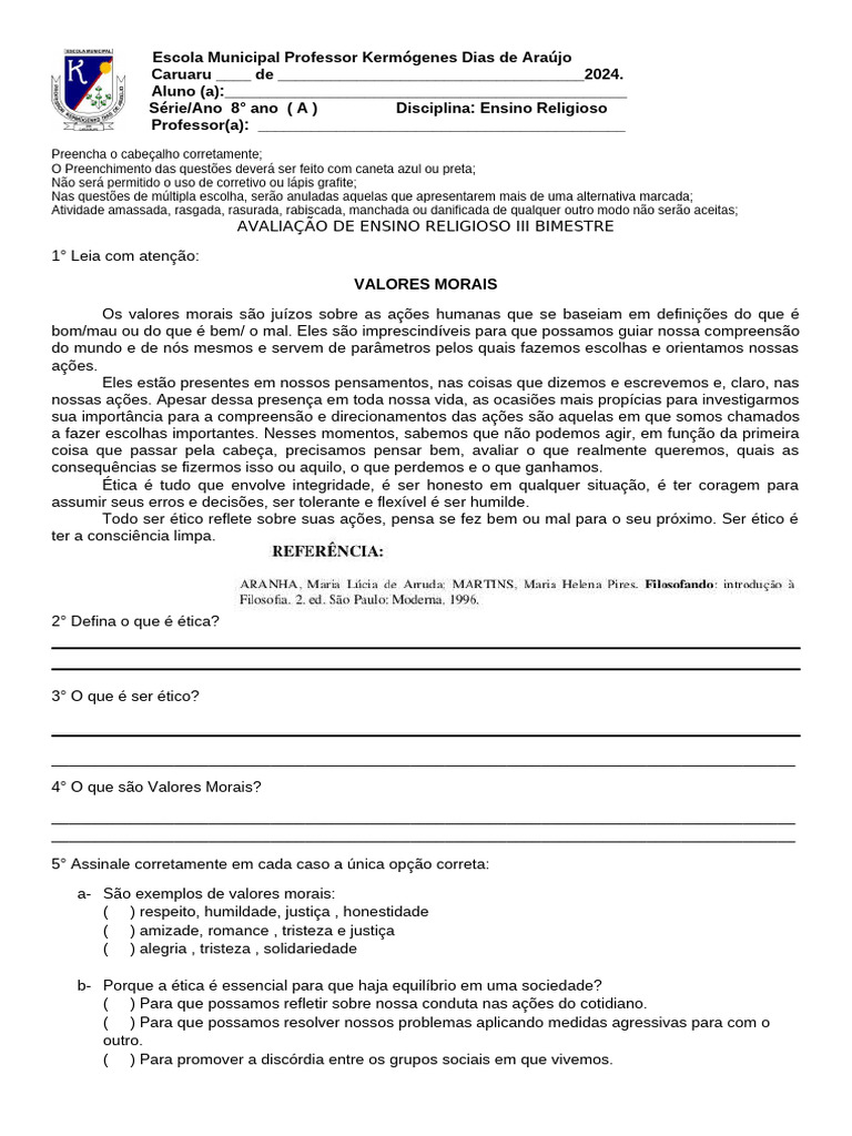 Avaliação de Ensino Religioso 8º Ano | PDF | Moralidade