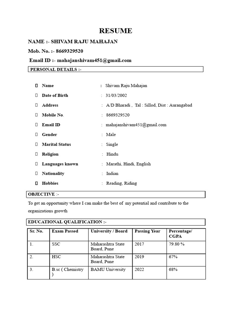 Resume: Name:-Shivam Raju Mahajan Mob. No.: - 8669329520 | PDF