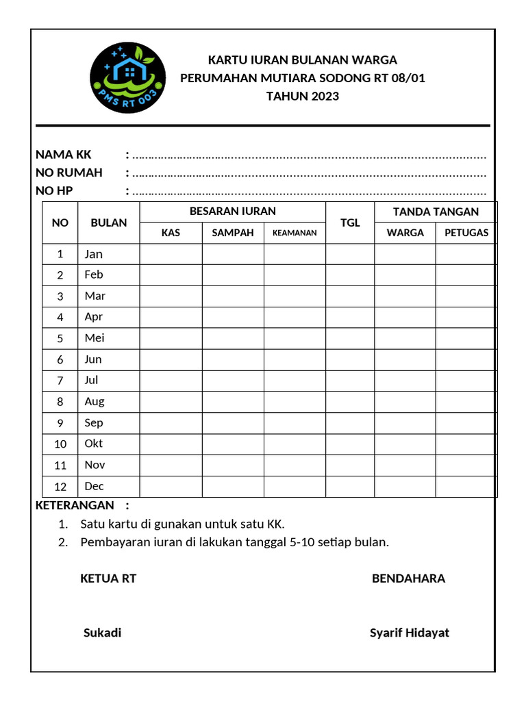 Kartu Iuran Bulanan RT 2023 | PDF