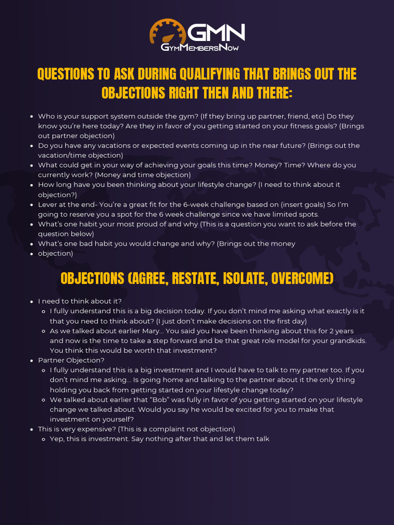 GymMembersNow Pre Check-In Call Checklist - Objection | PDF