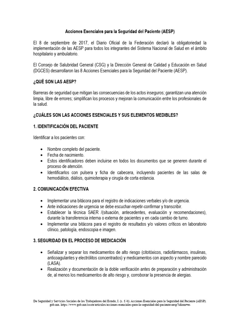 Acciones Esenciales para la Seguridad del Paciente | PDF | Seguridad ...