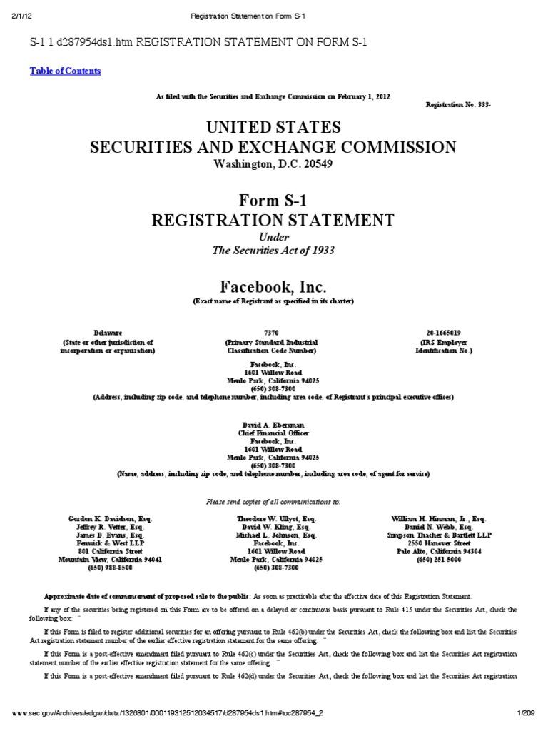 Facebook S 1 Registration Statement Stocks Initial Public Offering