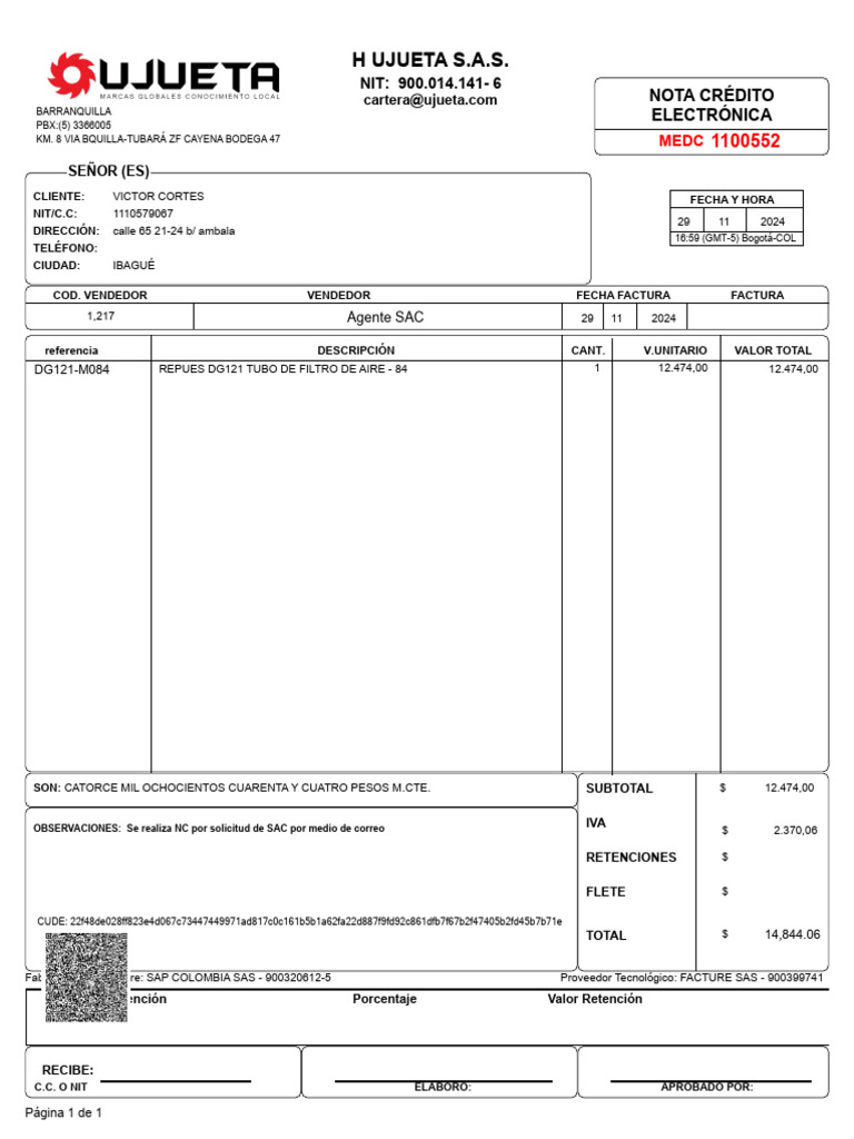 Nota de Crédito Electrónica Ujueta S.A.S. | PDF