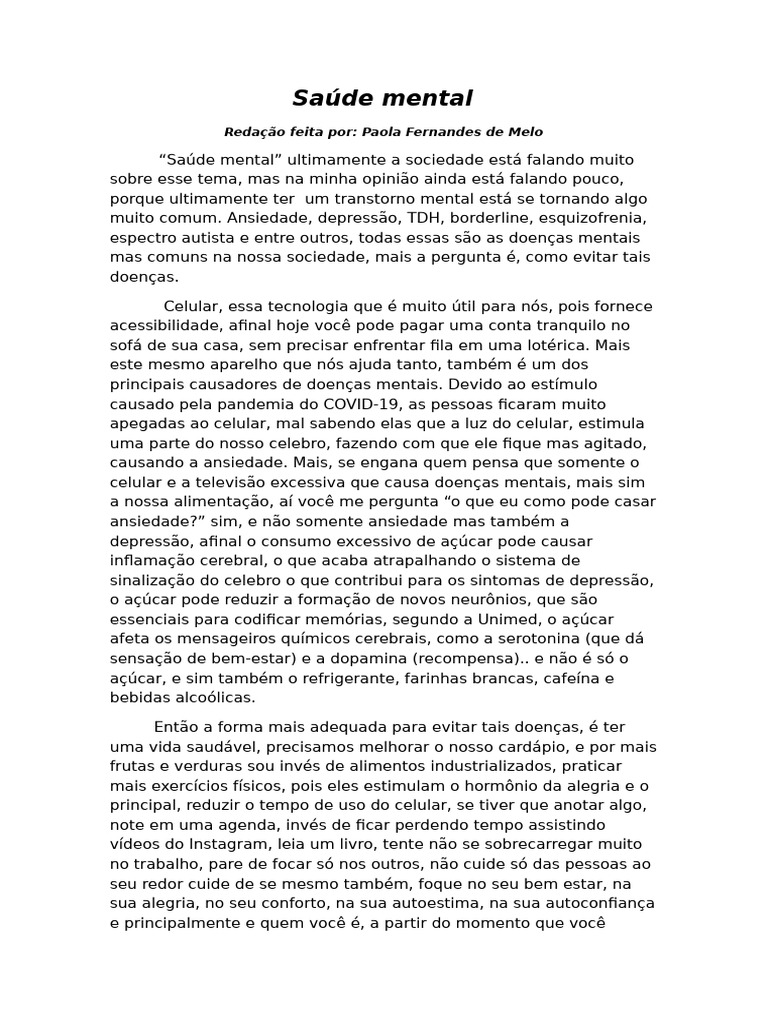 Redação Saúde mental Paola F^ | PDF | Ansiedade | Depressão