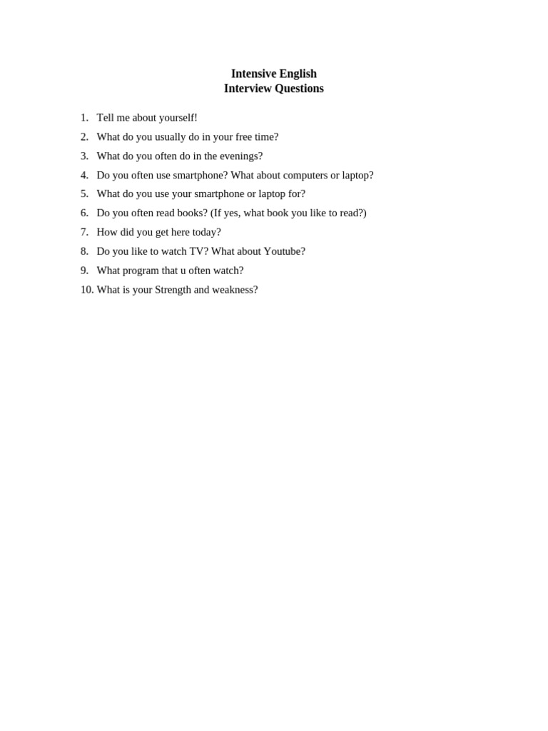Intensive English Interview Questions Pdf