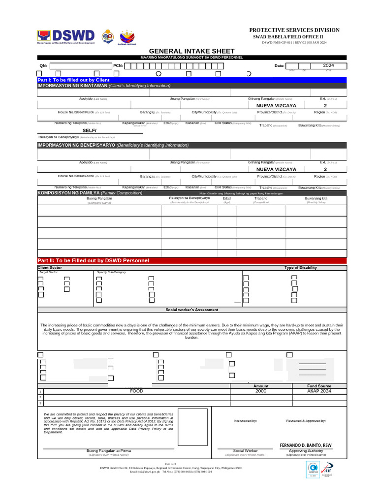 DSWD AKAP General Intake Sheet 2024 | PDF | Economies