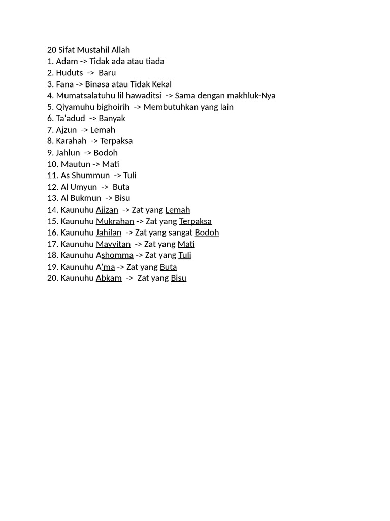 20 Sifat Mustahil Allah | PDF