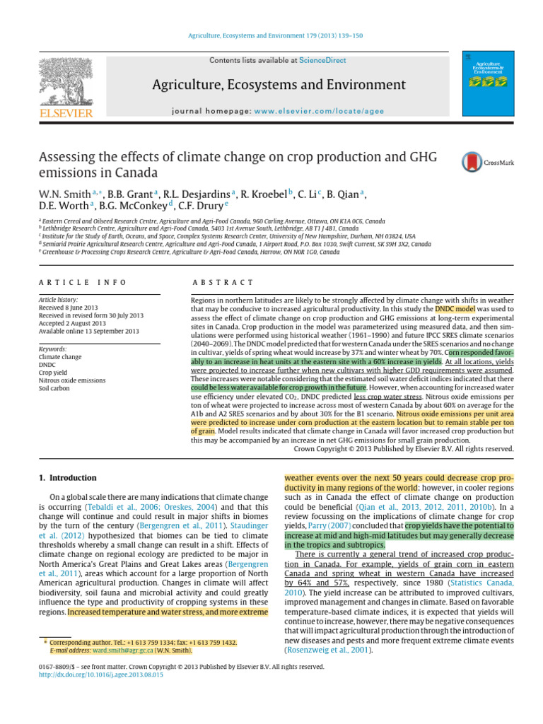 Assessing The Effects of Climate Change On Crop Production and GHG ...