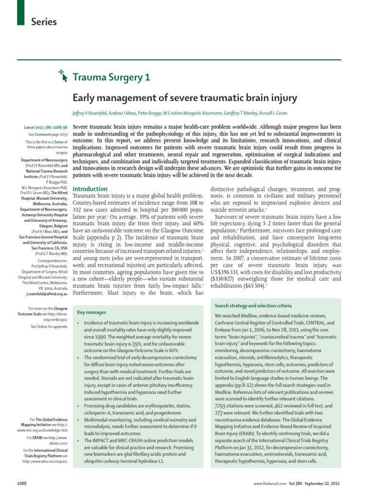 Early MGMT of Severe TBI (2012) | PDF | Traumatic Brain Injury | Astrocyte